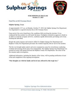Morning Fire Claims Life of Sulphur Springs Resident