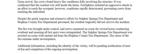 Morning Fire Claims Life of Sulphur Springs Resident