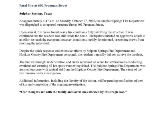 Morning Fire Claims Life of Sulphur Springs Resident