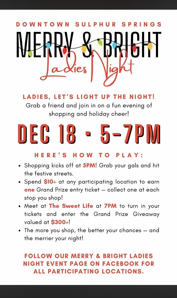 Downtown Sulphur Springs Merry and Bright Ladies Night poster December 18 2025