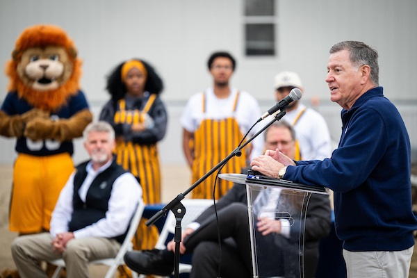 East Texas A&M Commerce February 2026 Rene’ Griffin shared memories of his friends at ET during his remarks at the topping out ceremony. | Photo credit: Jason Connel, ETAMU Marketing and Communications