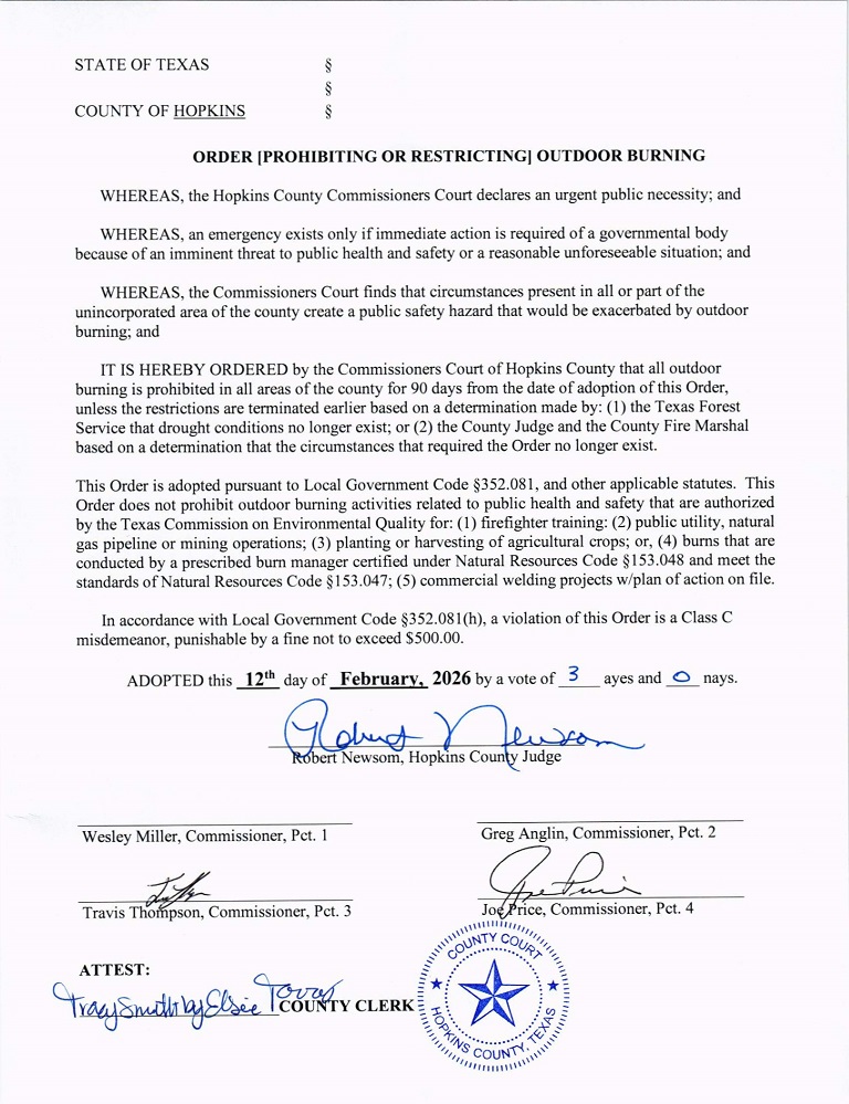 Hopkins County Government Order Prohibiting Outdoor Burning 02122026 February 2026