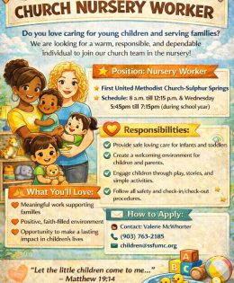 First United Methodist Church is now Hiring a Church Nursery Worker