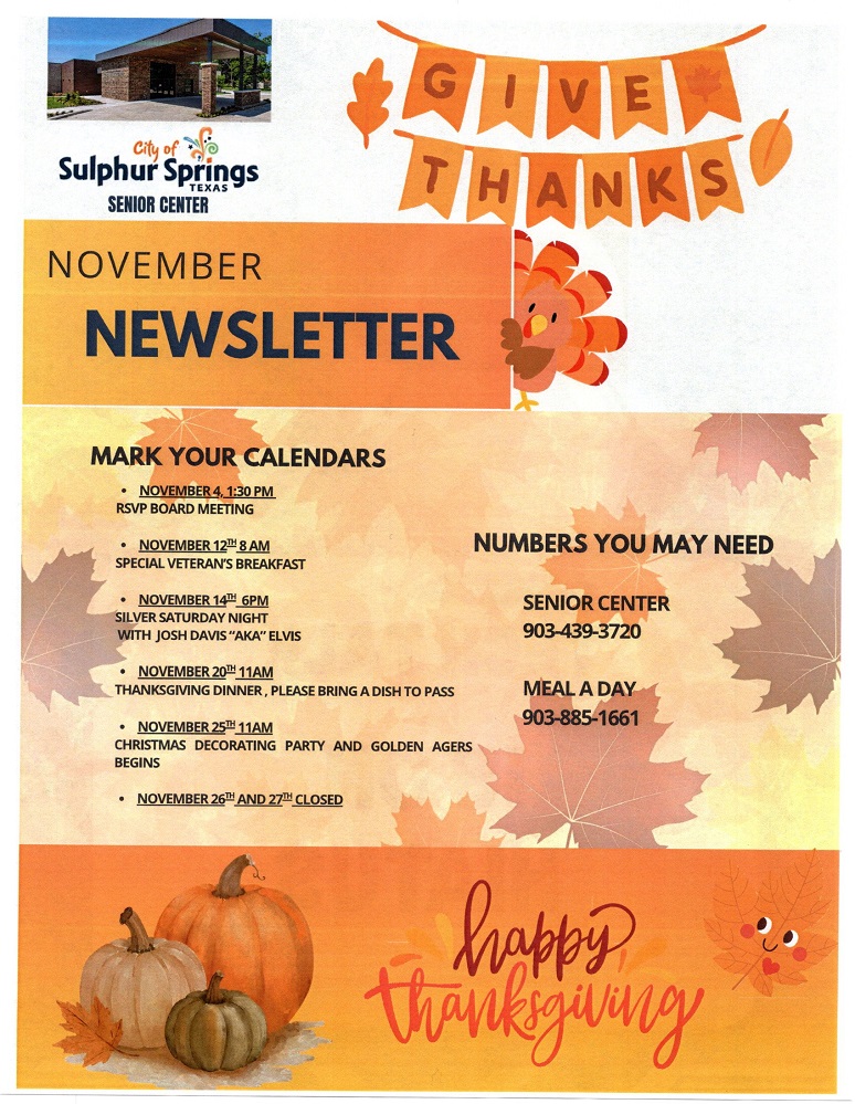 Sulphur Springs Senior Center November Newsletter Cover 2026