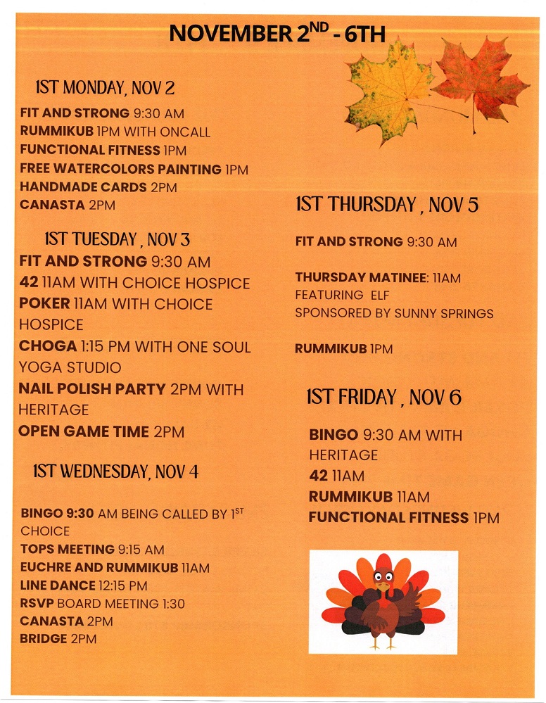 Senior Center November 2nd through 6th 2026 Schedule