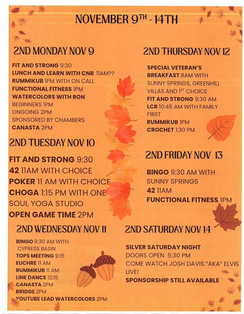 Sulphur Springs Senior Citizens Center November 9th through 14th 2026 Schedule